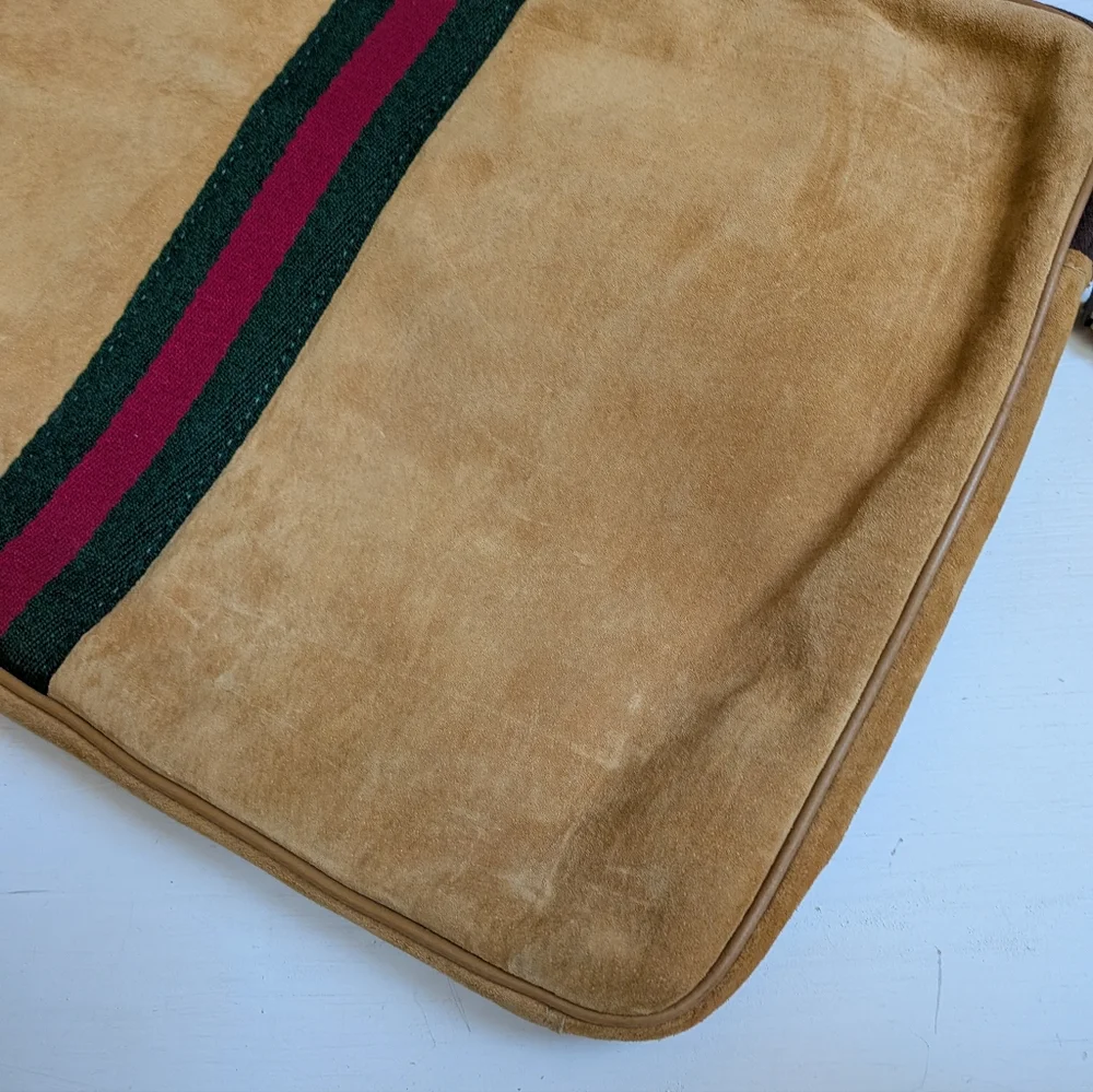 Tan Suede Laptop Document Bag Case with Stripe Detail